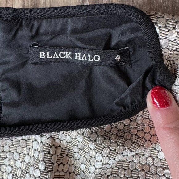 Black Halo Savona Metallic Gold Black Sleeve Mini Dress Size‎ 4 sparkle sequin - Picture 6 of 14